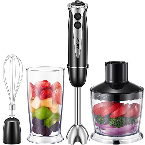 Aicok Immersion Blender, 4-in-1 Hand Blender, High-Quality Stainless Steel, 5 Speeds Control, 500ml Food Chopper, 600ml BPA-Free Beaker and Whisk