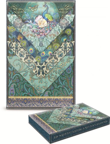 UPC 802126437490, Punch Studio Blue Peacock Gold Foil Embellished Note Cards with Elegant Matching Envelopes -- Set of 10