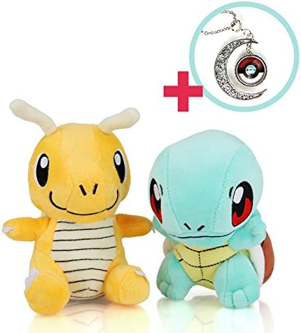 Premium Necklace - Dragonite - Squirtle Stuffed 5in Set / Enjoy the Pokémon Plush Toy with Pokemon Game Cards!
