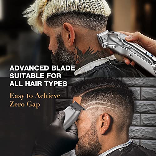 SUPRENT Professional Hair Clipper for Men-Zero Gap T-Blade Hair Cutting Kit Cordless Barber Trimmer Set with LED Display (Silver)