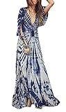 Smile YKK Women Deep V Neck White Blue Maxi Long Beach Dress