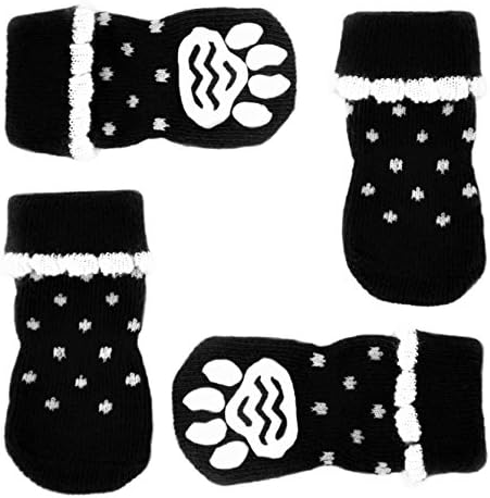Posch Pet Socks for Small and Medium Breed Dogs. Anti-Slip Knit Socks with Traction Soles for Indoor Wear. Slip On Paw Protectors. Size S, Black/White Polka Dot