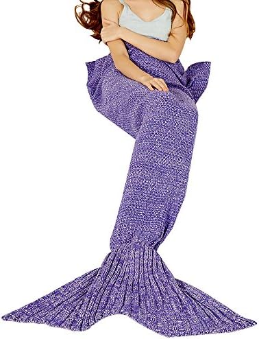 Y-stop Mermaid Tail Blanket with Scale Knit Crochet for adult Kids Girls, Super Warm Soft All Seasons Sleeping Blankets 6 Styles (Length-56", Child-Dark purple)