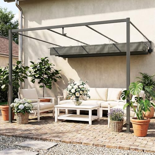 Outsunny 10' x 10' Retractable Pergola Canopy, Wall-Mounted Pergola with with Drainage Holes, Outdoor Sun Shade Shelter, UPF30+ and Water-Repellent for Patio, Garden, Dark Grey