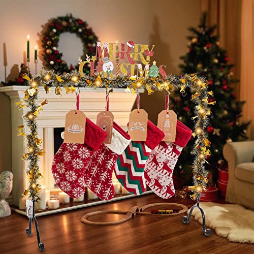 Tiamo Lin Lighted Metal Christmas Stocking Holder Stand for Floor with 6 Hangers Gold Merry