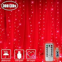 ASmile 300 LED Window Curtain Lights, USB Power Icicle Fairy Lights with Remote Timer Waterproof Indoor String Light for Home, Bedroom, Garden, Wall Decoration-9.8ft x 9.8ft(Red)