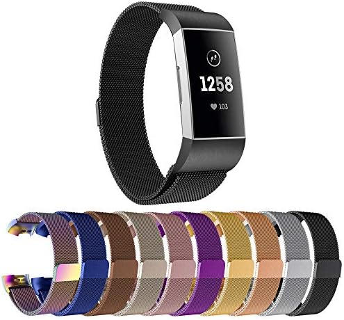 Replacement Compatible Fitbit Charge 3 Bands /Charge3 SE Metal Bands Wristband Accessory Magnetic Breathable Sport Bracelet Strap Small & Large for Women Men Silver Black 10 Colors JOY001