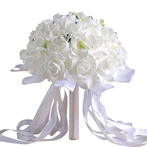 Artificial Flowers,Han Shi Modern Crystal Roses Bridesmaid Wedding Bouquet Joyous (S, White)