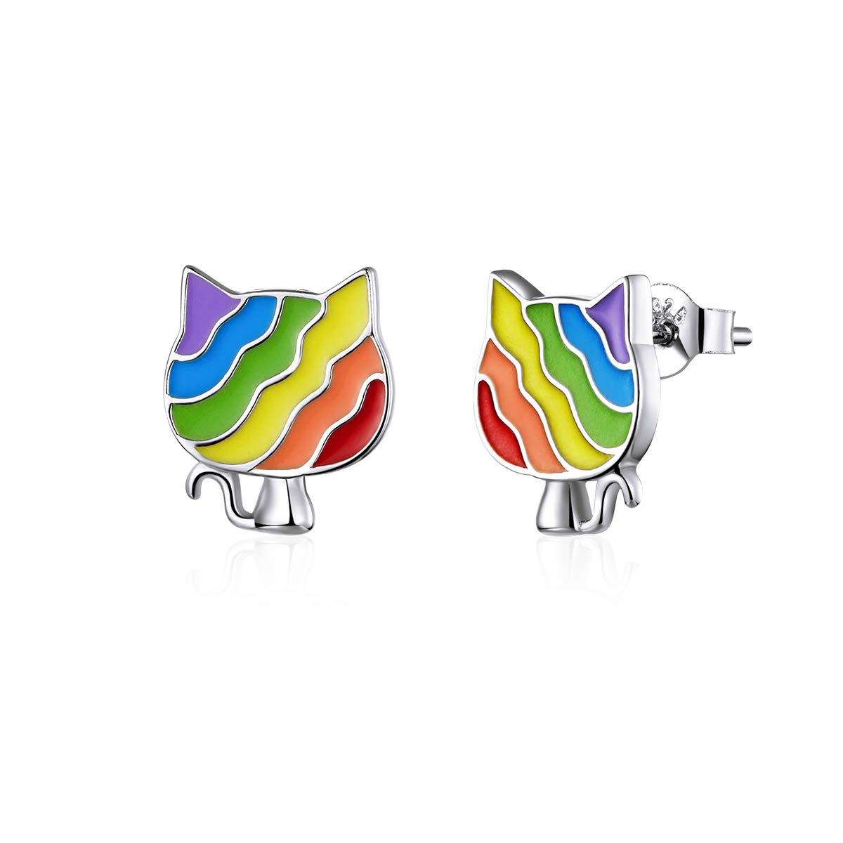 Rainbow Enamel Stud Earrings for Women 925 Sterling Silver Animal Fish Cat and Dog Fashion Jewelry