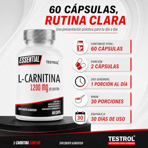 Carnitina Essential 1200mg por porción, L Carnitina Tartatro libre de Estimulantes para Hombre y Mujer, Calidad Premium | TSN Testrol L-Carnitina Essential 60 Cápsulas.