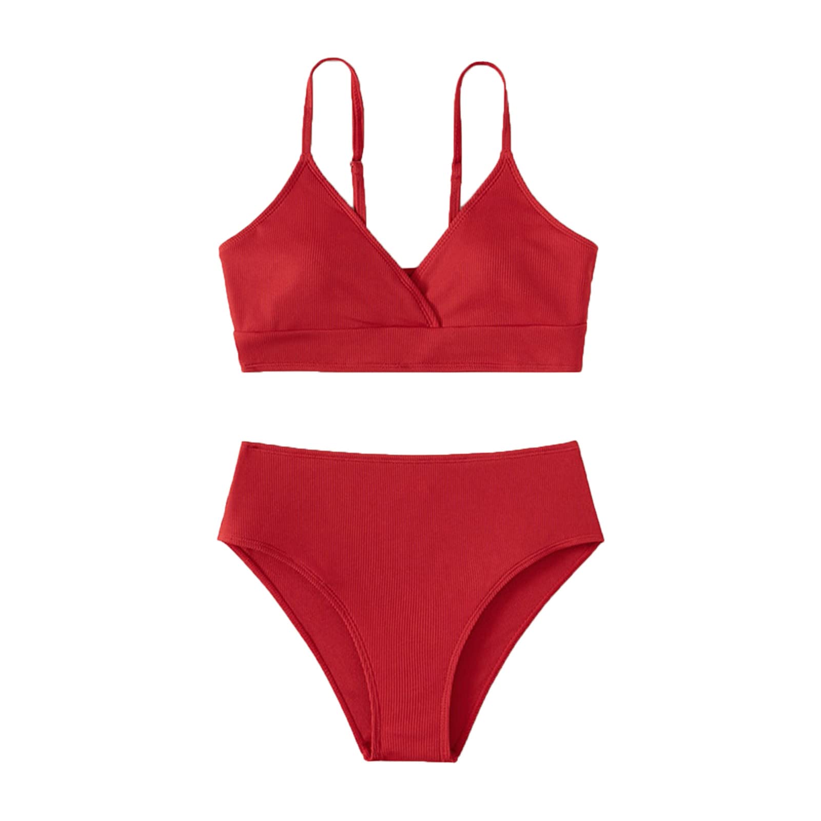 Photo 1 of Teen Girl's 2 Piece Swimsuit Solid Sport Bikini Set Adjustable Strap Bathing Suit Kid Girl High Waist (Red, 13-14 Years)