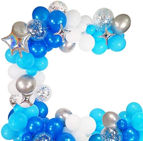 Blue Balloons Garland Kit, 74 Pack 12" 5" Light Blue White Pearl Royal Blue Metallic Silver Confetti Balloons Star Balloon Strip Arch for Baby Shower Birthday Ocean Theme Party Carnival Party Supplies