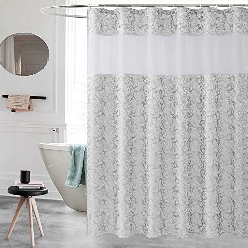 Ufriday Silvery Grey Fabric Shower Curtain with Damask Floral Design - Waterproof, Light Filtering Window and Treated to Weighted Bottom Hem - 72 x 78 Inches