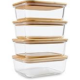 Glass Food Storage Containers with Bamboo Lids (4-Pack, 36oz) Airtight, Leakproof, BPA-Free Borosilicate Glass Meal Prep Containers – Eco-Friendly, Oven/Microwave/Freezer Safe-Plastic-Free & Reusable