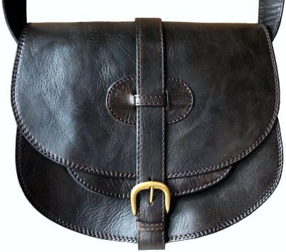 Black Saddle style handbag, shoulder bag, cross-body bag in genuine leather
