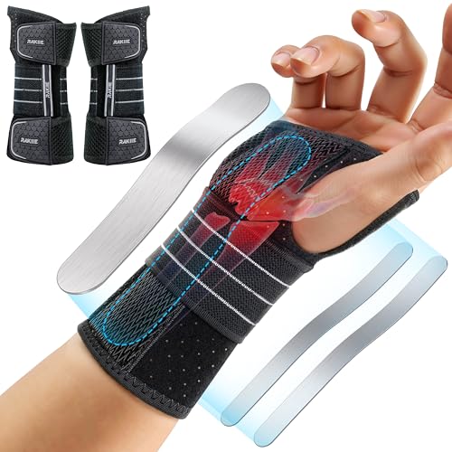 Rakiie 2 Pack Carpal Tunnel Wrist Brace with 3 Metal Splints, Adjustable Wrist Brace Night Support for Women Men, Hand Brace Pain Relief for Tendonitis, Right and Left Hand, Gray Size M