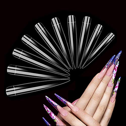 221 Pieces Extra Long Stiletto False Nails 12 Sizes Artificial Nails Tips with Nail Files for DIY Nail Manicure Nail Salon Teaching Practice and Performances (Clear Long Nail)