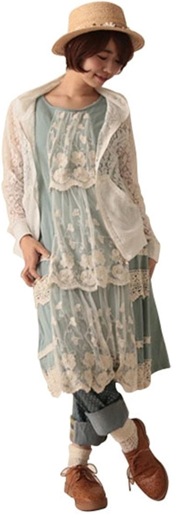 Amazon Co Jp 森ガール系復古花柄綿レースワンピースレディース 清純夏自然系配色ノースリーブレースワンピース 服 ファッション小物