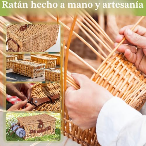 Wicker Picnic Basket for 4 People, Hand Braided Basket with Integrated Insulation and Waterproof Blanket - Complete Set with 4 Cutlery, Plates, Glasses for Camping Beach Garden