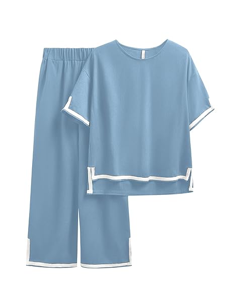 NORACORA LINEN SETS PAJAMA TOP BOTTOMS WOMAN 2 PIECE PJS SET SUMMER NIGHT GOING OUT SPLIT JERSEY TEE SHIRTS CHIC OUTFIT BLUE