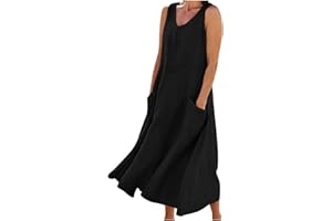 BEESSBEST Women Casual Summer Dresses, Cotton Linen Crewneck Sleeveless Long Sundress Oversized Beach Maxi Dress with Pockets