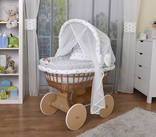 WALDIN Baby Wicker Cradle,Moses Basket,44 Models Available,Natural unpainted Stand/wheels,Textile Colour Grey/Grey Stars