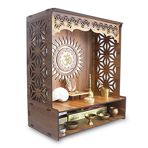 Heartily Shree Beautiful Wooden Pooja Stand for Home Mandir for Home Temple for Home and Office Puja Mandir for Home and Office Wall with LED Spot Light Product (H 18, L 16, W8.75 Inch)