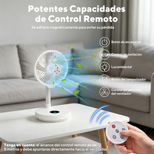 CROSPIN Ventilador Portátil Recargable 10000mAh 12 Pulgadas, Plegable y Telescópico de Pie y Escritorio, Oscilación 90°, 6 Velocidades, Control Remoto, Luz Nocturna, Temporizador, Silencioso