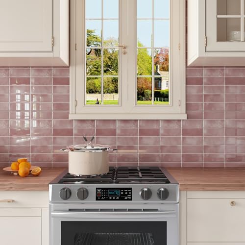 CRE8TIVE Peel and Stick Backsplash Tile Pink Marble Look 12x12 Inch Self-Adhesive Faux Ceramic Wall Tiles Stickers, Heat Resistant Kitchen Tile Backsplash for Wall, Shower, RV Living Room (4-Pack)