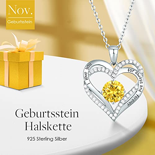 Herz Halskette 925 Sterling Silber Roségold, 5A Zirkonia Birthstone Anhänger Kette Damen Muttertag Schmuck Geschenk mit Box (Sterlingsilber November)