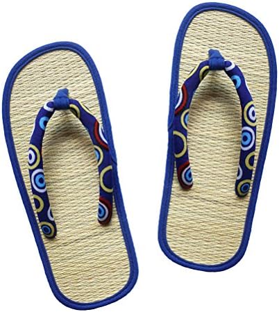 USA STEP Ladies Women Girls Handmade Fashion Indoor Outdoor Home Spa Hotel Blue Circle Pattern Straw Seagrass Summer Flip Flops Sandals Slippers Thong