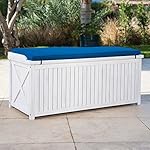 Brighton Beach Outdoor Wood Storage Bench with Blue Cushion in White Finish 48L x 20W x 21H in.