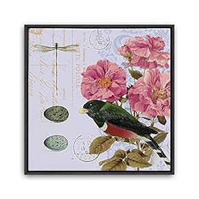 Framed Canvas Wall Art Retro Flowers and Birds Canvas Prints Home Artwork Decoration for Living Room,Bedroom - 16x16 inches