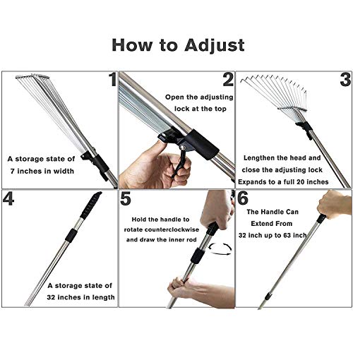 Old Tjikko Garden Leaf Rake,Grass Rake for Lawn,Adjustable Lawn Grass Rake for Grass Cleaning Fallen Leaves Weeds,34 to 63-Inch Adjustable Gardening Tools(Stainless Steel)