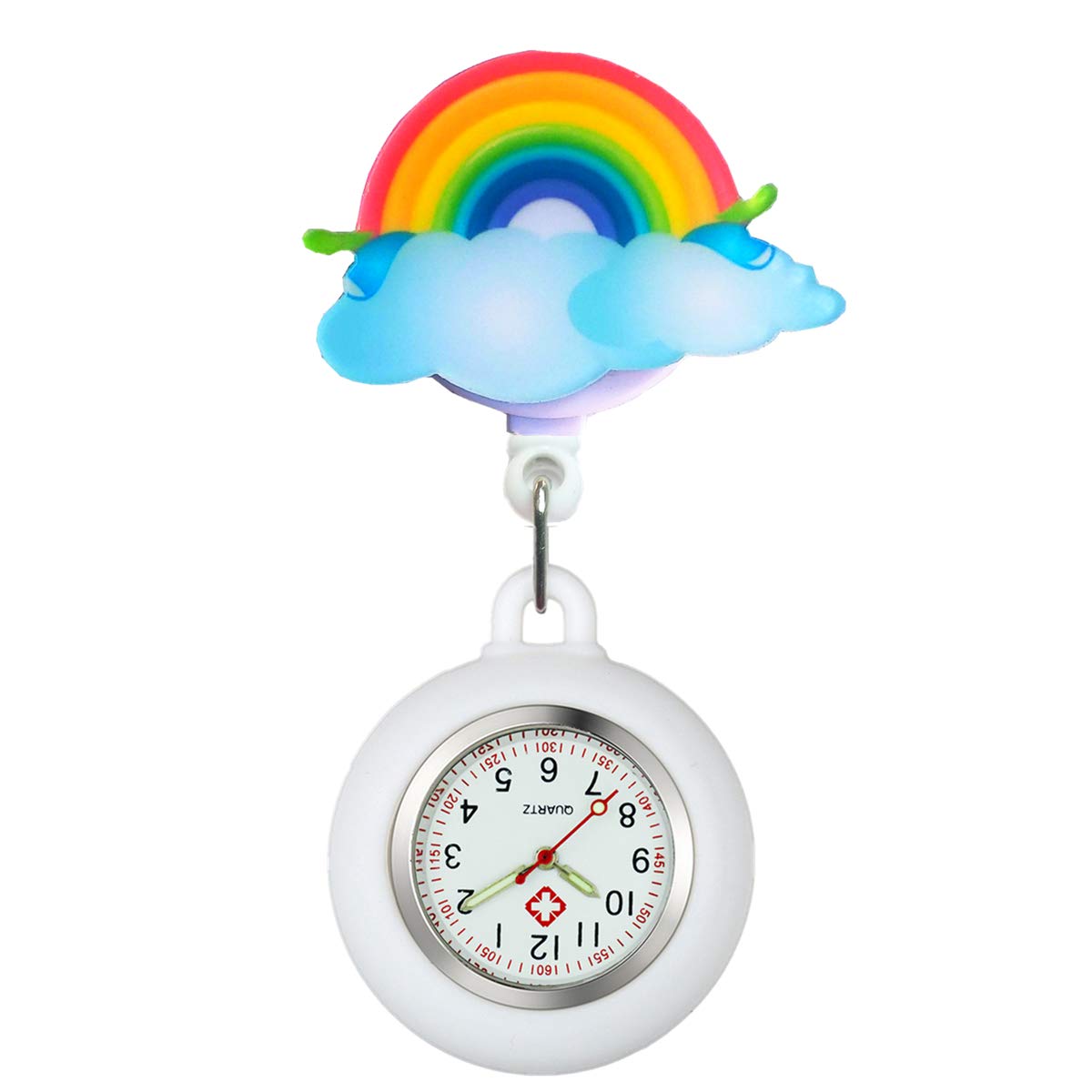 Mixe Unisex Luminous Nurse Fob Watch Rainbow Cover Clip-on Hanging Retractable Medical Pocket Watch for Men Women Glow in Dark Nurse Doctor Brooch Fob Watch Gift (4#)