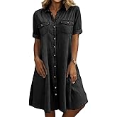 chouyatou Women's Summer Short Sleeve Denim Shirt Dress Business Casual Button Down Midi Long Jean Dress