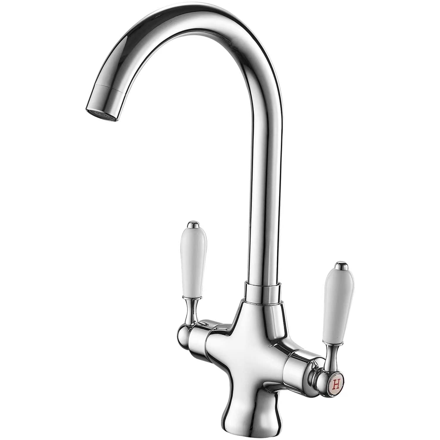 Haiba Kitchen Sink Mixer Tap Swivel Spout Chrome Dual Handle Ceramic Lever UK Fittings Taps High Arch Spout Single Hole for Kitchen Sinks with Flexi Tails, Brass
