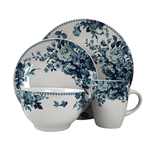 Elama 16 Piece Traditional Rose Dinnerware Set, Blue
