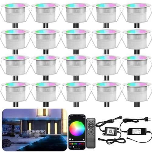 INDARUN WiFi Recessed Floor Lamp RGBW Waterproof IP67 Ø45 mm – Lighting for Patio, Patio, Path, Wall, Garden, Decoration, Indoor and Outdoor (Pack of 20)