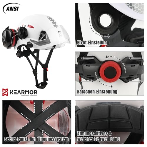 HEARMOR Schutzhelm mit Gehörschutz und Visier, EN 397 Zertifizierter Belüfteter Arbeitshelm, 6-Punkt-Aufhängung, Ideal für Industrie und Baugewerbe, Weiß thumbnail 2