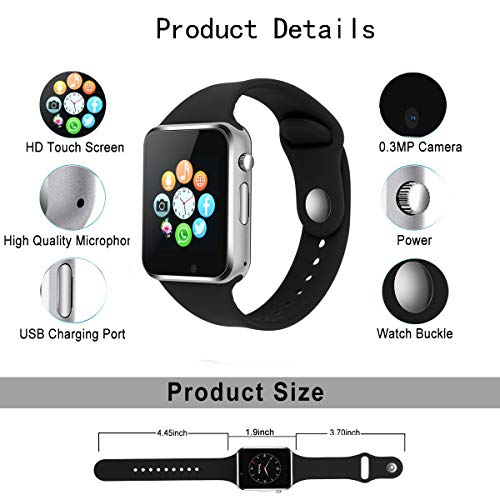 Smart Watch Phone Camera, IOQSOF Touch Screen Smart Wristwatch, Bluetooth Smart Watch Cell Phone with 2G Sim Card Slot for Samsung, LG, HTC, Google, Sony Android IOS Smartphone Men Women Kids Boys - Thumbnail 2