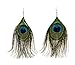 niceEshop Women Fashion Boho Style Rhinestone Long Natural Peacock Feather Drop Earrings (Blue)