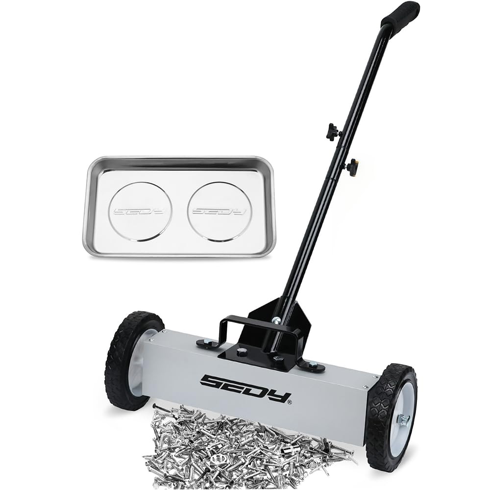 Photo 1 of 18-Inch Rolling Magnetic Sweeper with 9.5-inch Magnetic Trays, 45-Pound Capacity Telescoping Magnetic Pickup Lawn Sweeper, Adjustable Handle Pick-up Sweeper for Nails, Screws Workshop Garage Yard