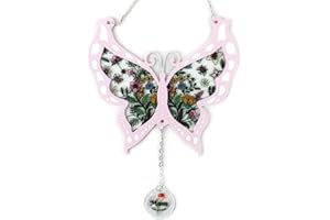SATHGA Stained Glass Window Hanging,Butterfly Garden Suncatchers with Chain,Pink Hand-Craft Stained Glass Panel for Home Decor,Ideal Present for Mother's Day,Birthday(7.3''H*8''W)