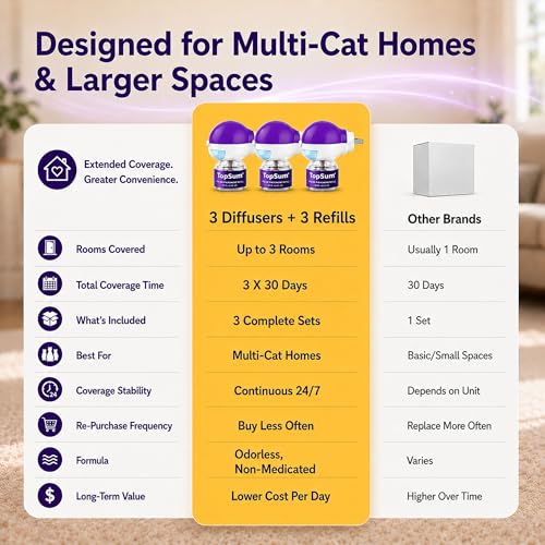 TopSum Cat Calming Pheromone Diffuser: Feline Pheromones Plug in for Stress, Alone At Home, Spraying, Fighting, Scratching, Aggression & Excessive Meowing (3 Diffusers + 3 Refills)