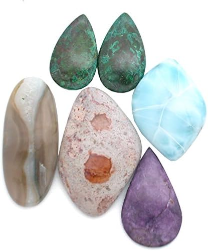 LOT of 5 Gemstone Cabochon Stones for Jewelry Making. Larimar, Mexican Fire Opal, Stitchtite (Purpurite), Agate and Parrot Wing Chrysocolla