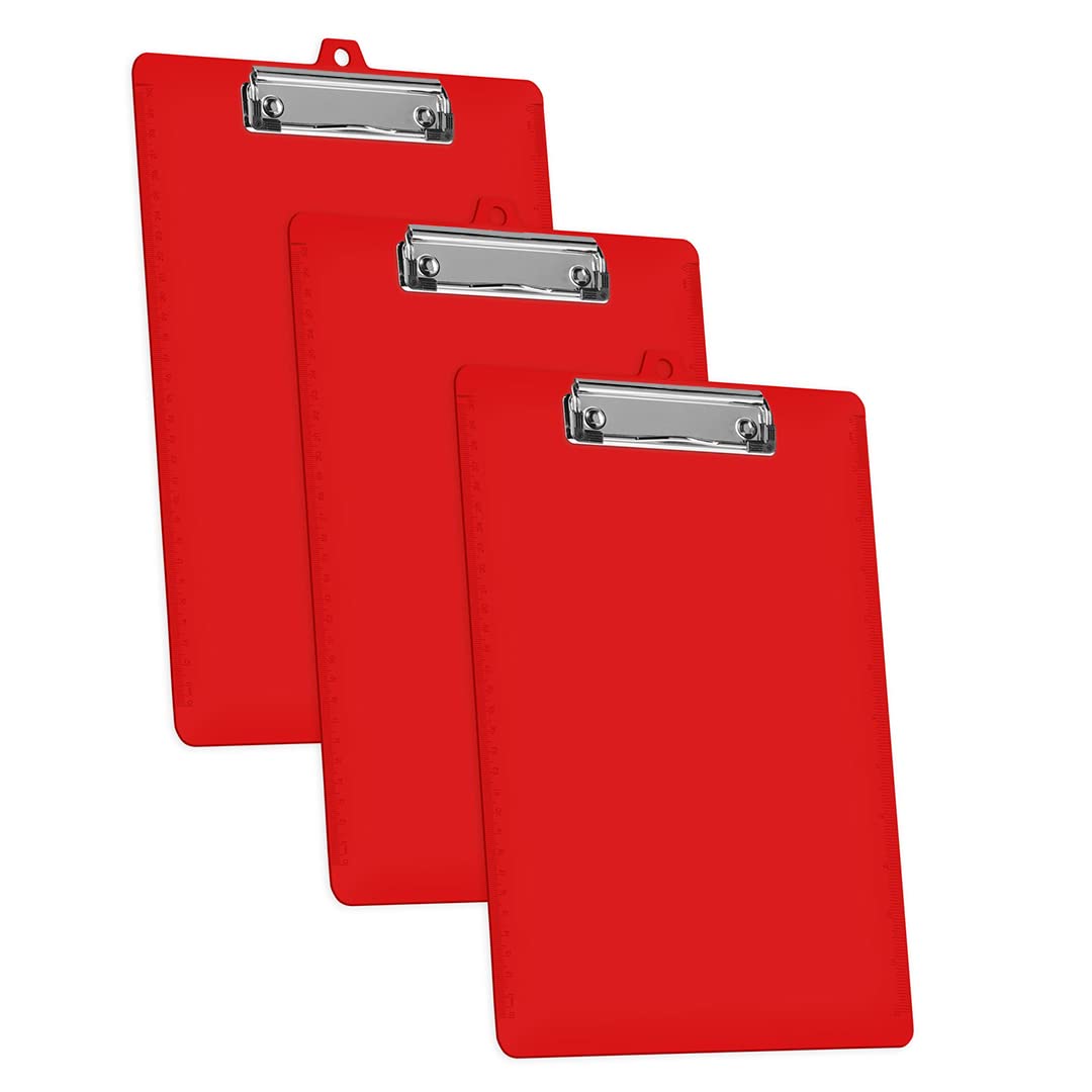 Acrimet 3 Pack Clipboard Letter Size A4 (34 cm x 24 cm) Low Profile Clip & Side Rulers, Durable Plastic for Office, School, Home Use - Solid Red Color