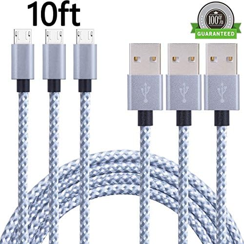 AOSON Micro USB Cable [3pcs 10ft] Braided Fast Charger Cordsfor Samsung USB Cables/Android Cables - Micro USB Charging Cables for Galaxy S7/S6/S5,Note 5/4/3,HTC,LG,Nexus Sony (3X10ft Silver)