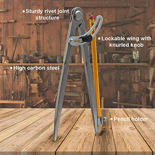Offidea Professional Woodworking Compass with Wing and Pencil Holder, 8 Inch - Ideal Divider for Carpenter, Drafting, Geometry - Perfect for Drawing or Scribe Large Circle for Any Projects