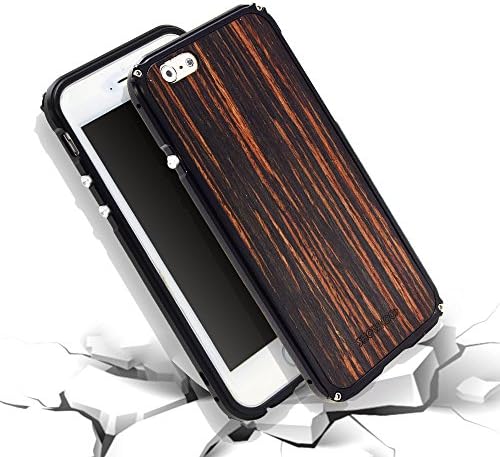 SHOWKOO iPhone 6 Case, iPhone 6s Case Metal Aluminum Bumper with 1 mm Slim Real Wood and Carbon Fiber Heated Bottom Phone Cover Ebony
